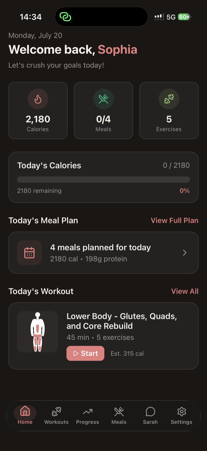 HerShape home screen showing today's calorie target, a four meal plan, and a lower body workout ready to start